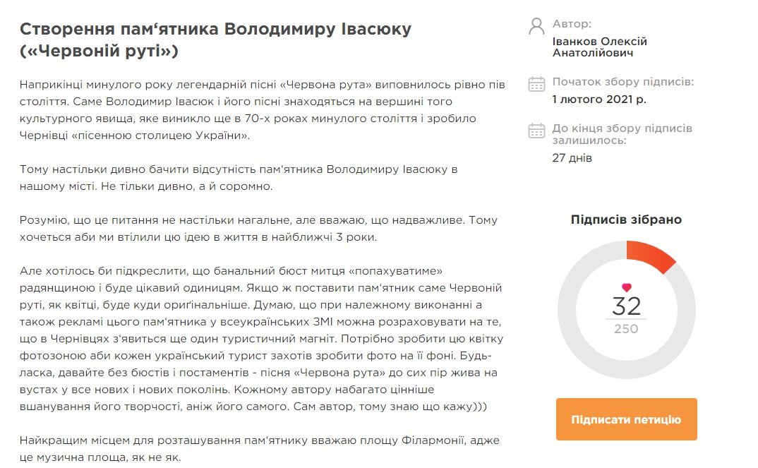 петиція, скрішнот з сайту Чернівецької міськради