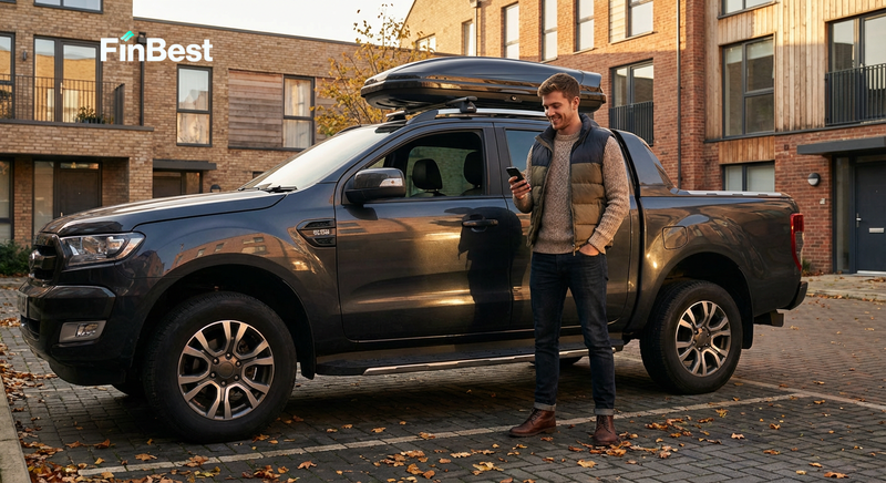 Молодий чоловік стоїть у дворі сучасного житлового комплексу біля потужного пікапа з багажним боксом, перевіряючи перед подорожжю у смартфоні маршрут та наявність страхових автомобільних полісів, оформлених онлайн на ФінБест. Молодий чоловік стоїть у дворі сучасного житлового комплексу біля потужного пікапа з багажним боксом, перевіряючи перед подорожжю у смартфоні маршрут та наявність страхових автомобільних полісів, оформлених онлайн на ФінБест.