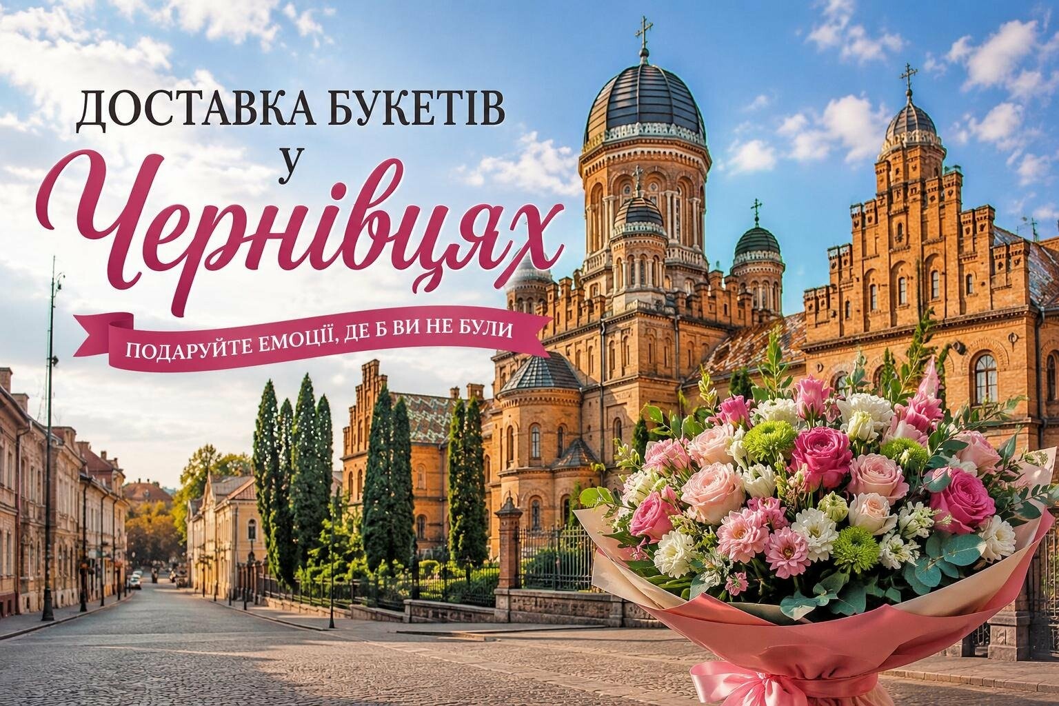 Доставка квітів і букетів у Чернівцях від DeFlor доставка букетів у Чернівцях від ДеФлор на фоні Чернівецького університету